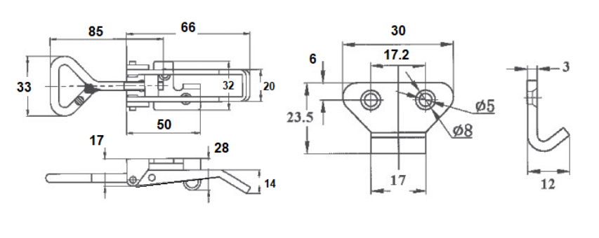 MED OVERCENTRE LATCH Z/P W/ CATCH