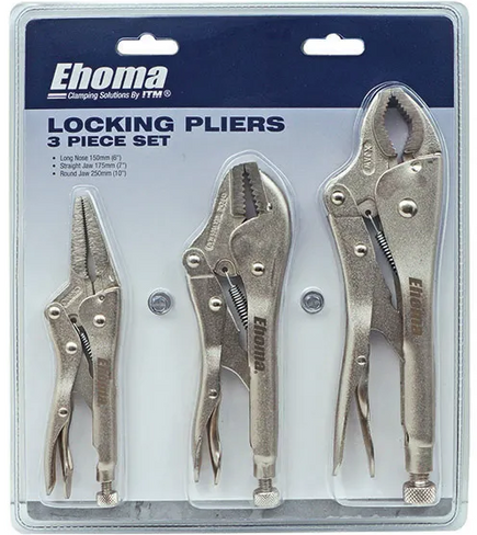EHOMA 3 PIECE LOCKING PLIER SET, ROUND JAW 250MM, STRAIGHT JAW 175MM & LONG NOSE 150MM