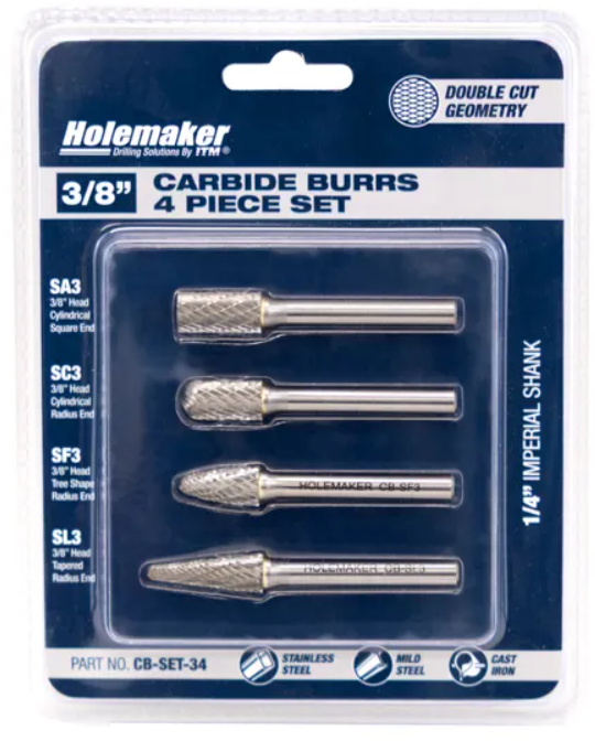 HOLEMAKER 3/8 CARBIDE BURR SET 4PCE (SA3,SC3,SF3,SL3)
